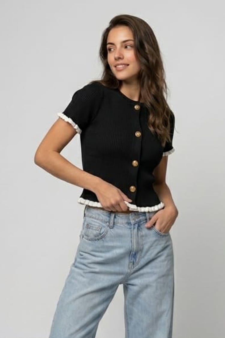 Ruffled ringer knit top - Black - Image 1