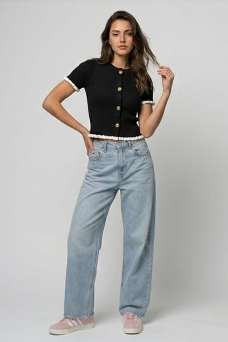 Ruffled ringer knit top - Black - Image 3