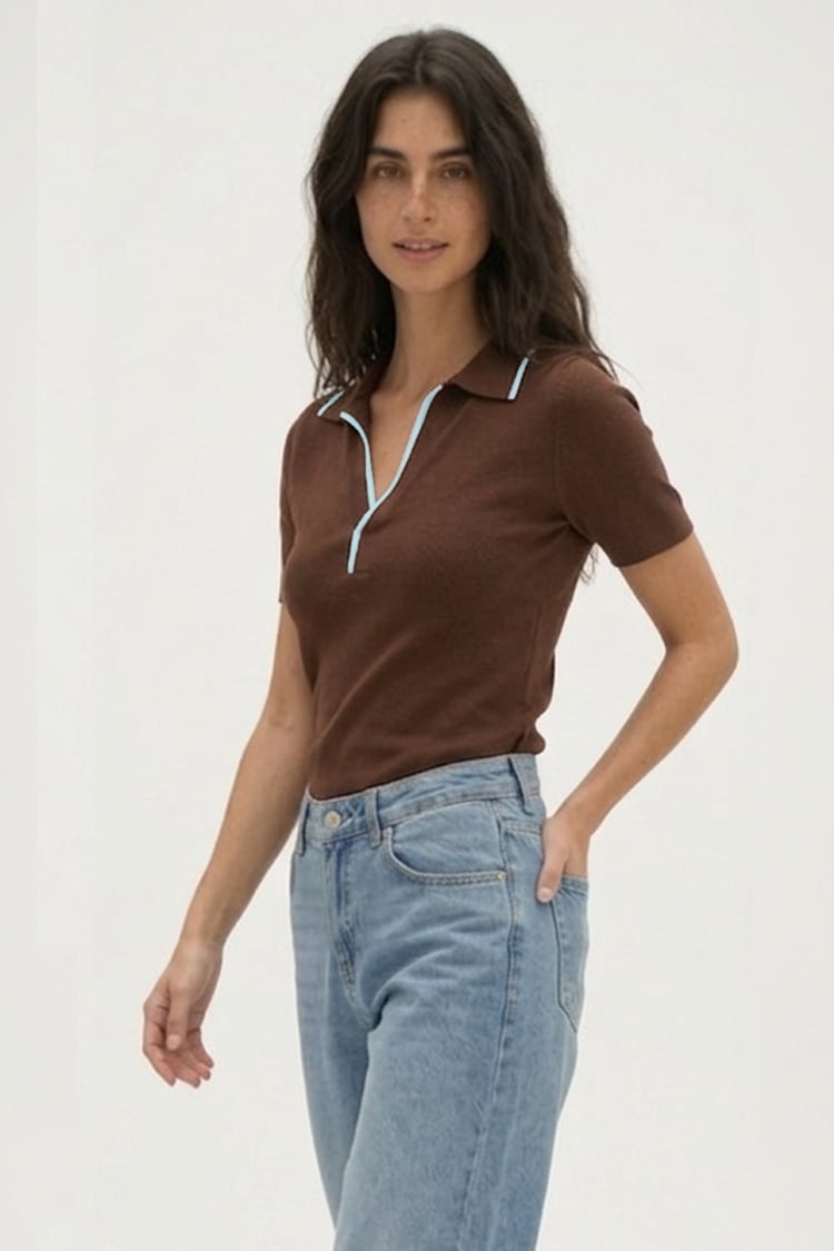 Contrast collar polo - Brown - Image 3