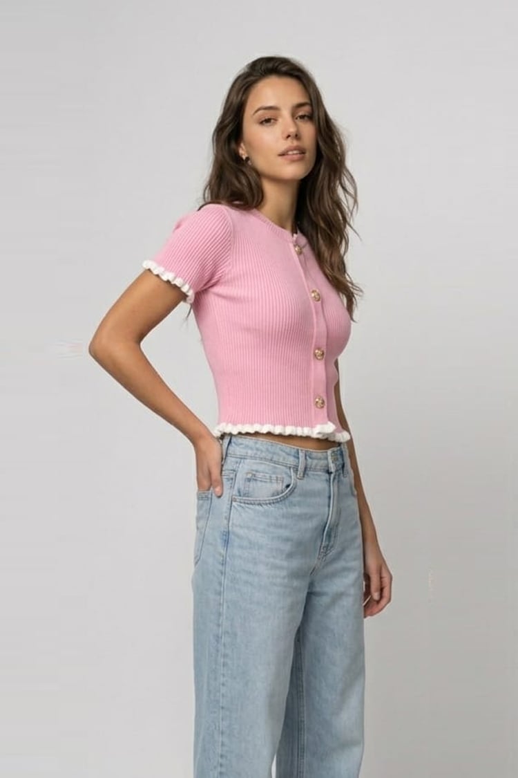 Ruffled ringer knit top - Pink - Image 3