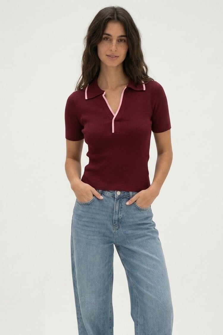 Contrast collar polo - Burgundy - Image 2