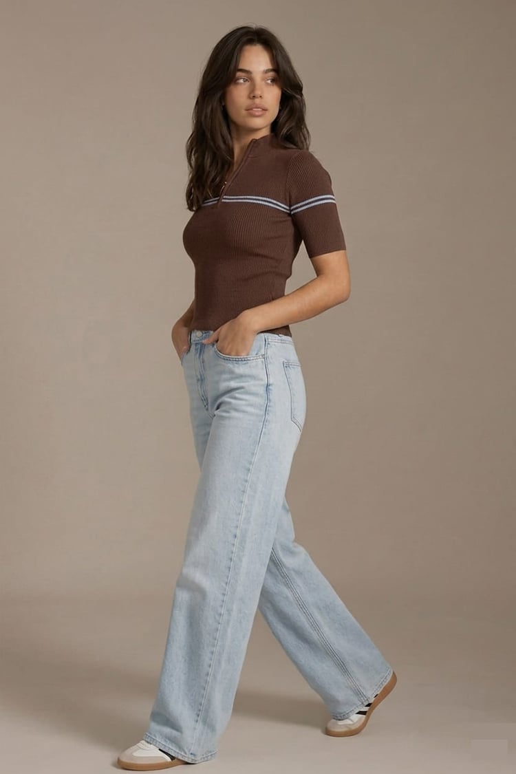 Double stripe zip knit -Brown - Image 3