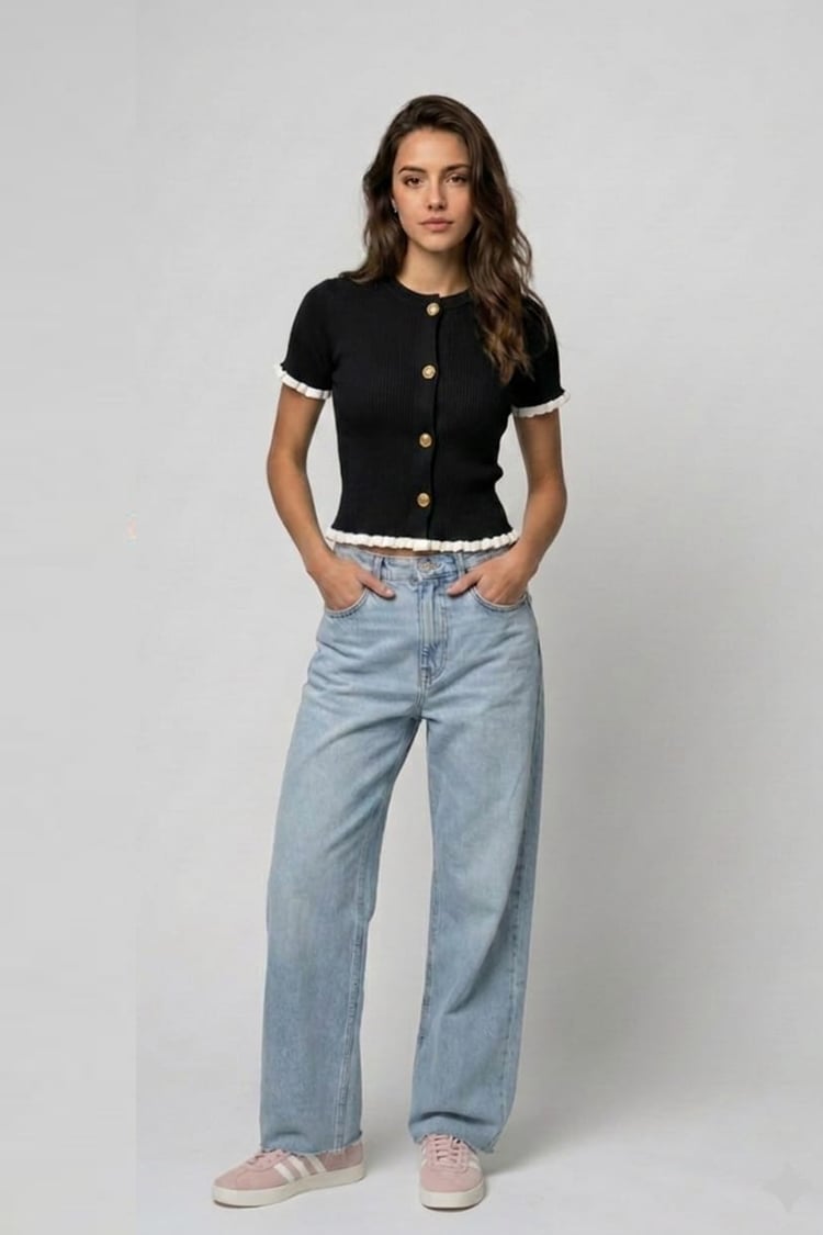 Ruffled ringer knit top - Black - Image 2