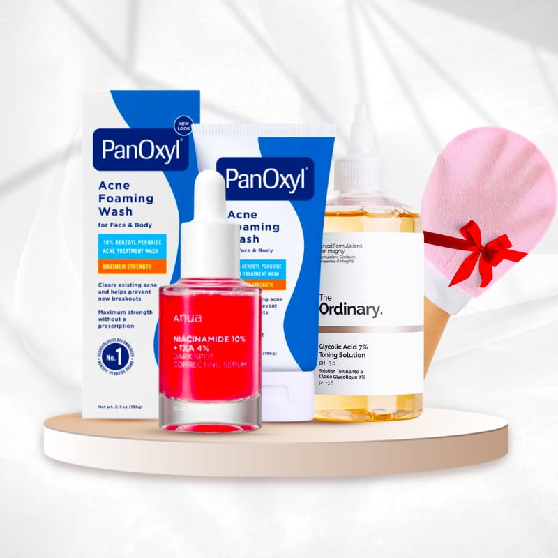 مجموعة تصحيح البشرة والتقشير – PanOxyl 10  + سيروم Anua + مقشر The Ordinary + هدية الليفة الكورية - صورة 2