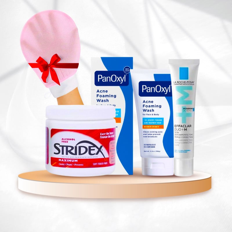 مجموعة علاج حب الشباب – غسول  10 PanOxyl + كريم Effaclar Duo + مسحات Stridex + هدية الليفة الكورية - صورة 1