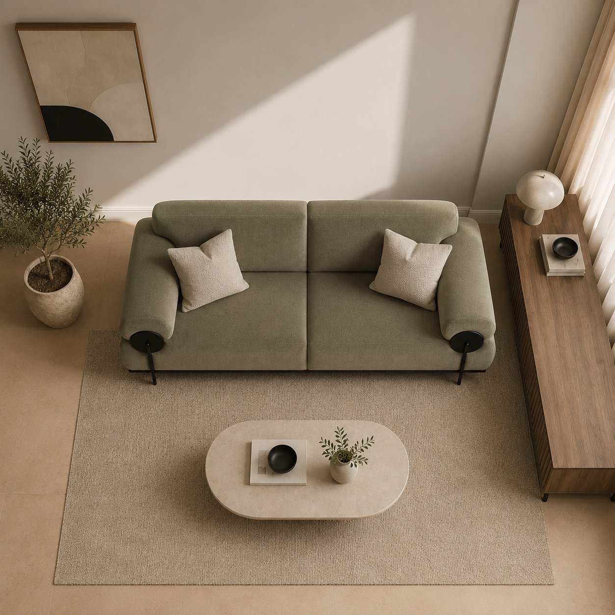 كنب ثنائي مودرن بمساند أسطوانية وأرجل خشبية، تصميم عصري بلون زيتي هادئ 220×100×80 (منتج تفصيل) - صورة 3