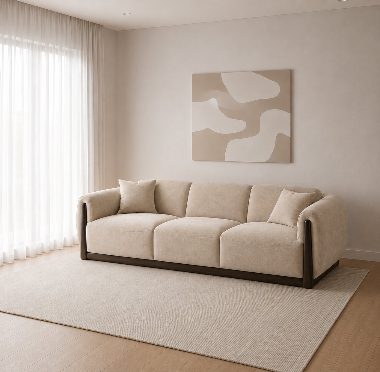 كنب ثلاثي نيو كلاسيك بإطار خشبي داكن، تصميم فخم بمساند منحنية وجلسة  235×100×85 (منتج تفصيل) - صورة 2