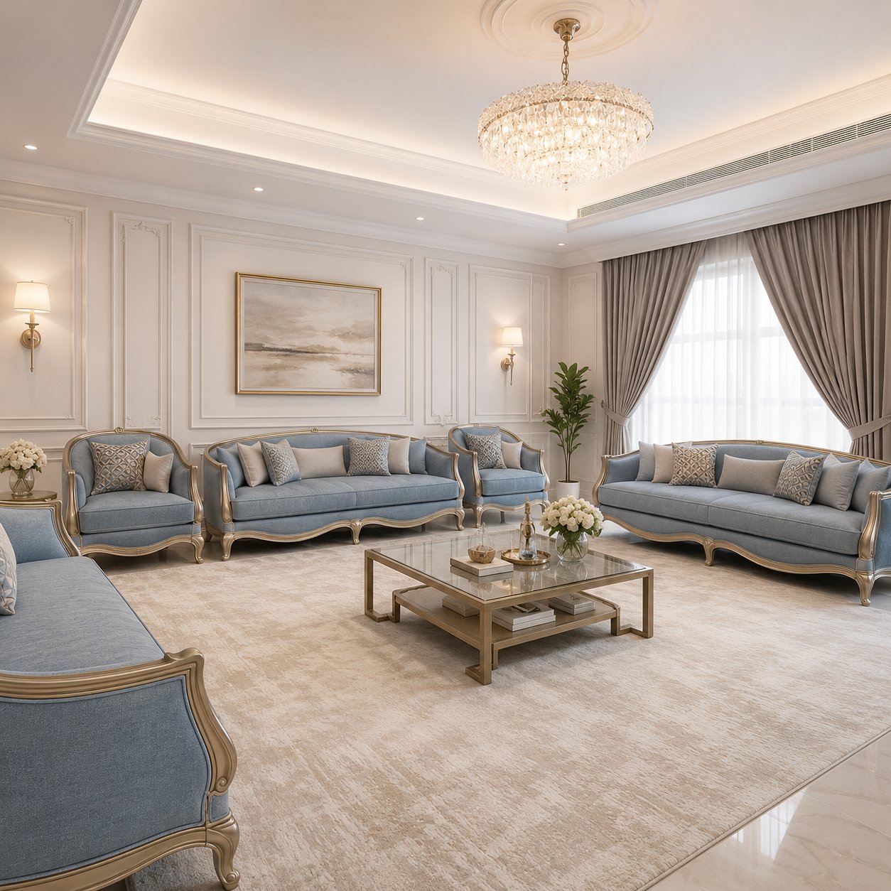 طقم مجالس كلاسيكي فخم باللون الأزرق الفاتح بإطار ذهبي  بتصميم فرنسي ٥ قطع (منتج تفصيل) - صورة 1