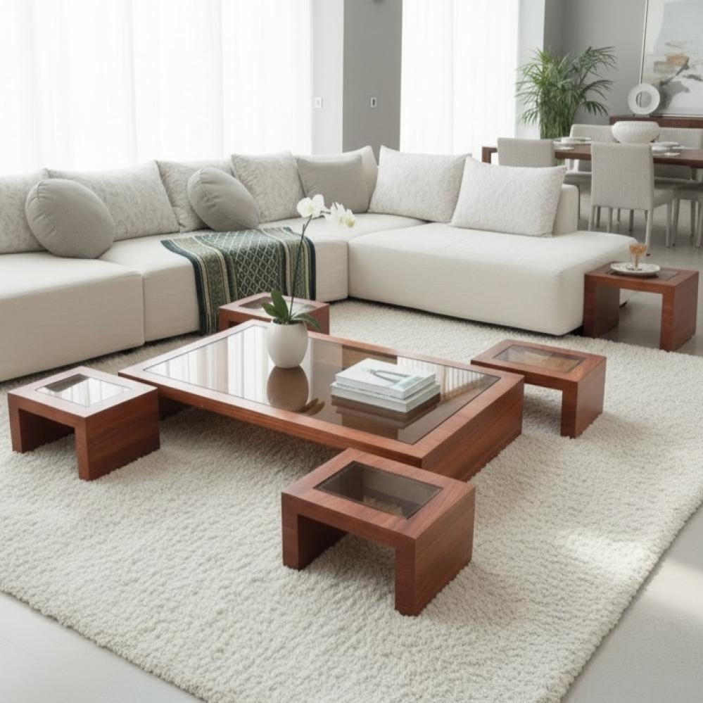 طقم طاولات ضيافة ارضي خشب بني سطح زجاج بني مع 4 طاولات خدمة - بتصميم فاخر kf(منتج تفصيل ) - صورة 1