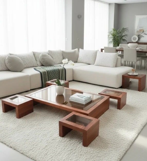 طقم طاولات ضيافة ارضي خشب بني سطح زجاج بني مع 4 طاولات خدمة - بتصميم فاخر kf(منتج تفصيل ) - صورة 2