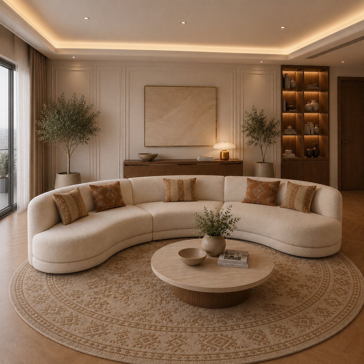 كنب دائري فاخر بتصميم منحني، جلسة بانورامية واسعة بلون كريمي للمساحات الكبيرة 360×100×80 (منتج تفصيل) - صورة 1