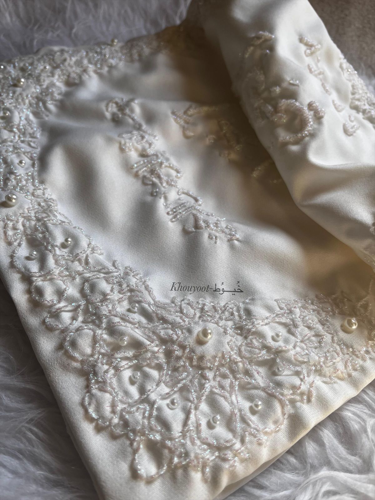 Full borders embroidered design White threads with silver beads for names - صورة 3