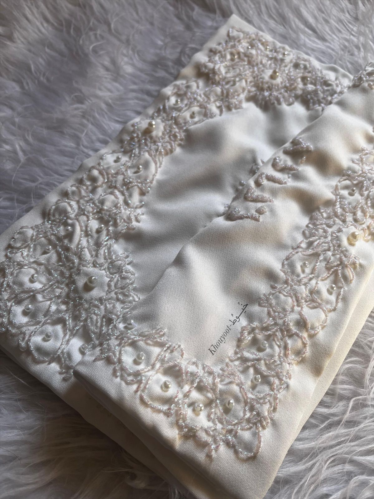 Full borders embroidered design White threads with silver beads for names - صورة 2