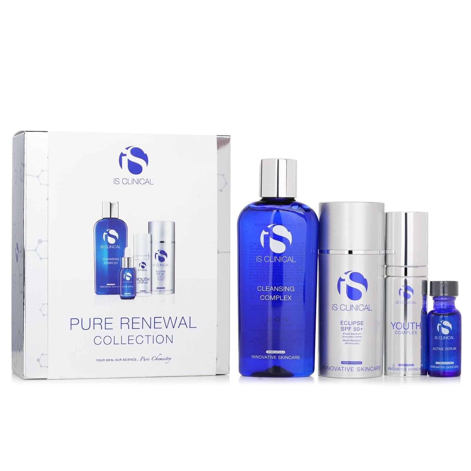 Pure Renewal Collection: Cleansing Compelx 180ml + Active Serum 15ml + Youth Complex 30g + Eclipse SPF 50 Sunscreen Cream 100g by IS Clinical - Image 1