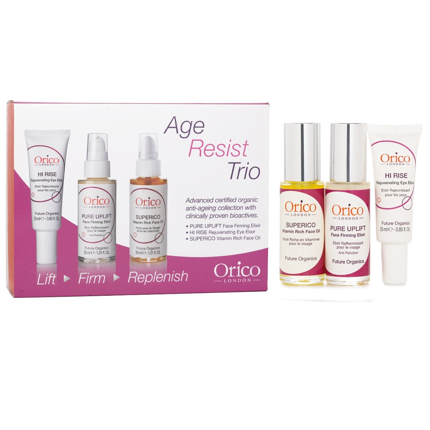 Age Resist Trio: Face Oil 30ml/1.01oz + Firming Elixir 30ml/1.01oz + Eye Elixir 25ml/0.85oz by Orico London - Image 1