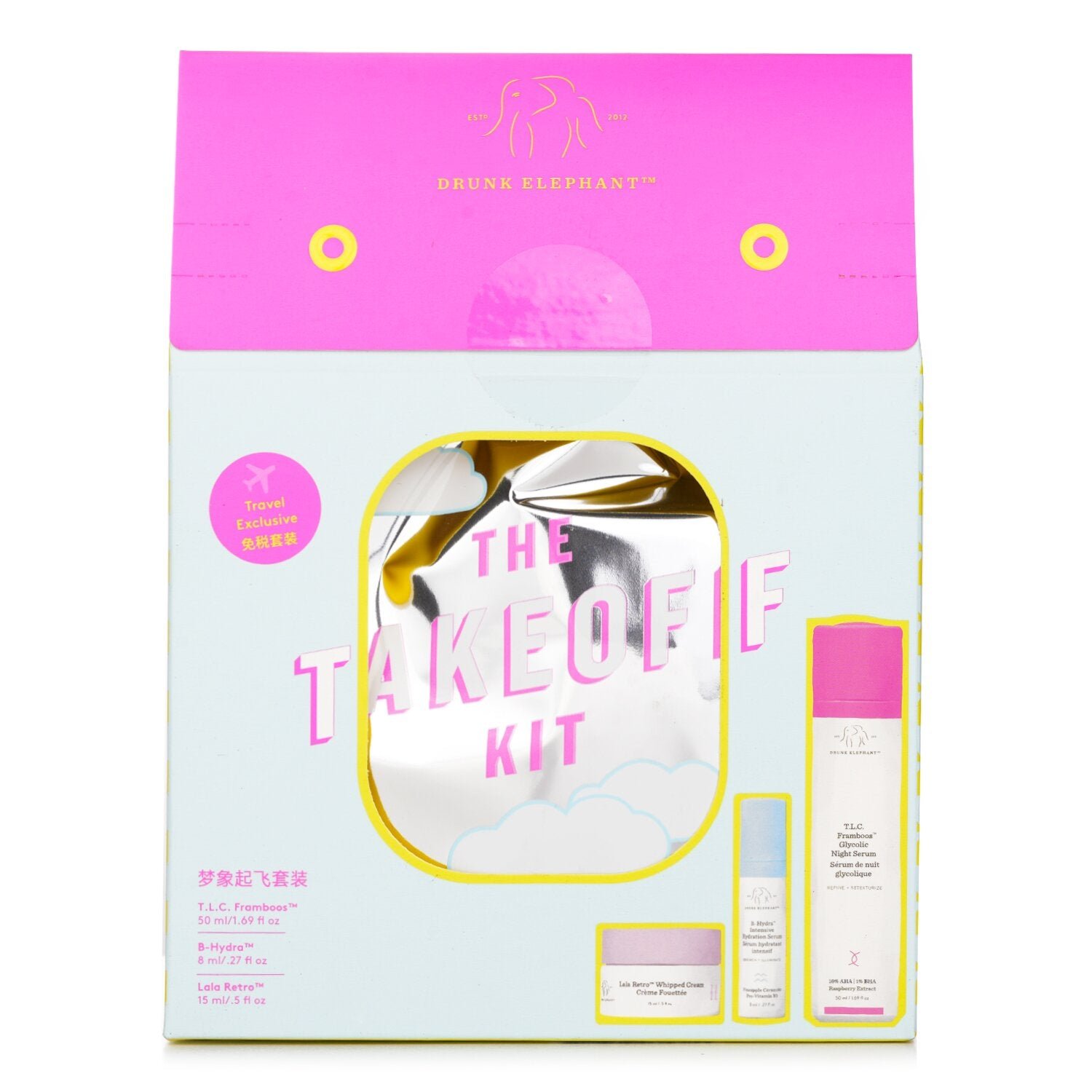 The TakeOff Kit: T.L.C Framboos Night Serum 50ml+ B-Hydra Serum 8ml+ Lala Retro Whipped Cream 15ml by Drunk Elephant - Image 1