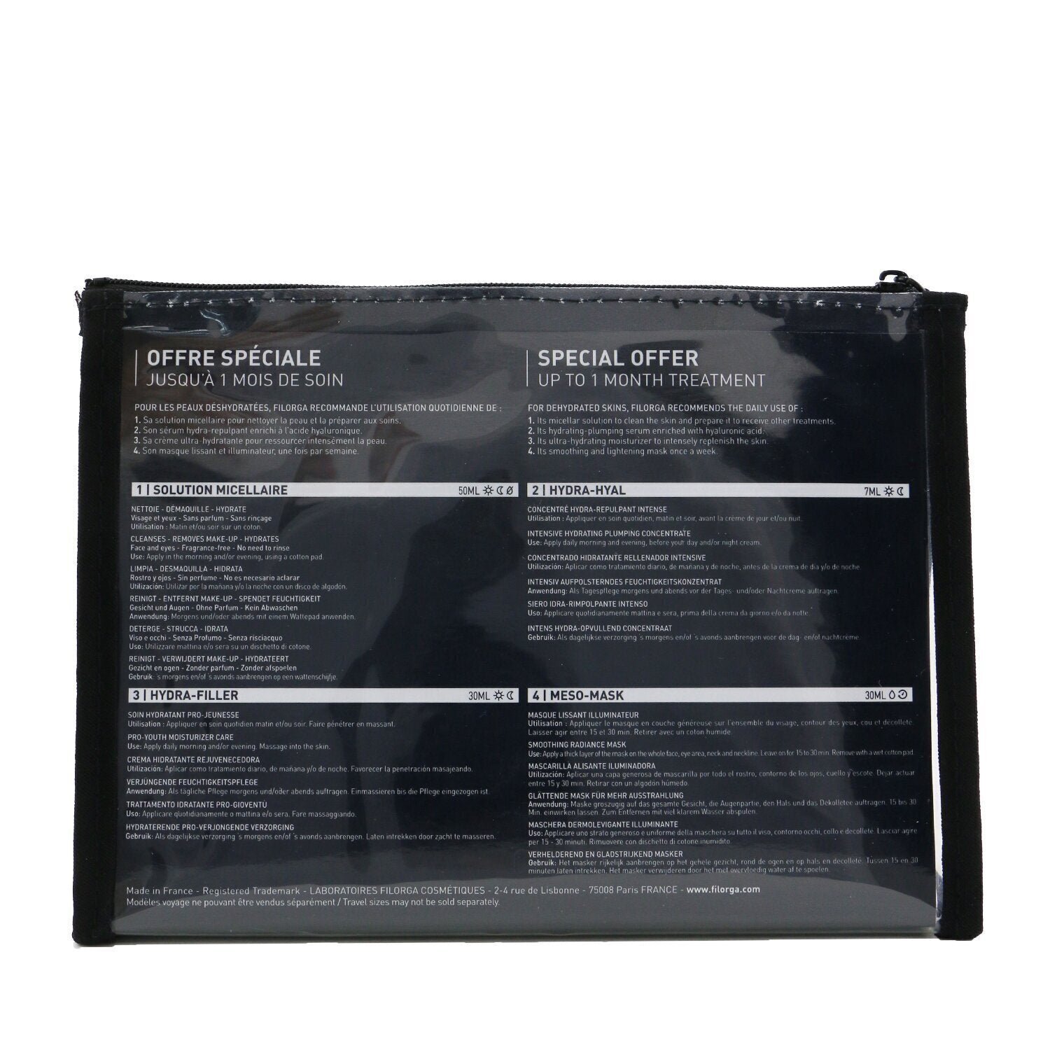 Intense Hydration Set: Micellar Solution 50ml+Hydra-Hyal 7ml+Hydra-Filler 30ml+Meso Mask 30ml+Bag by Filorga - Image 3