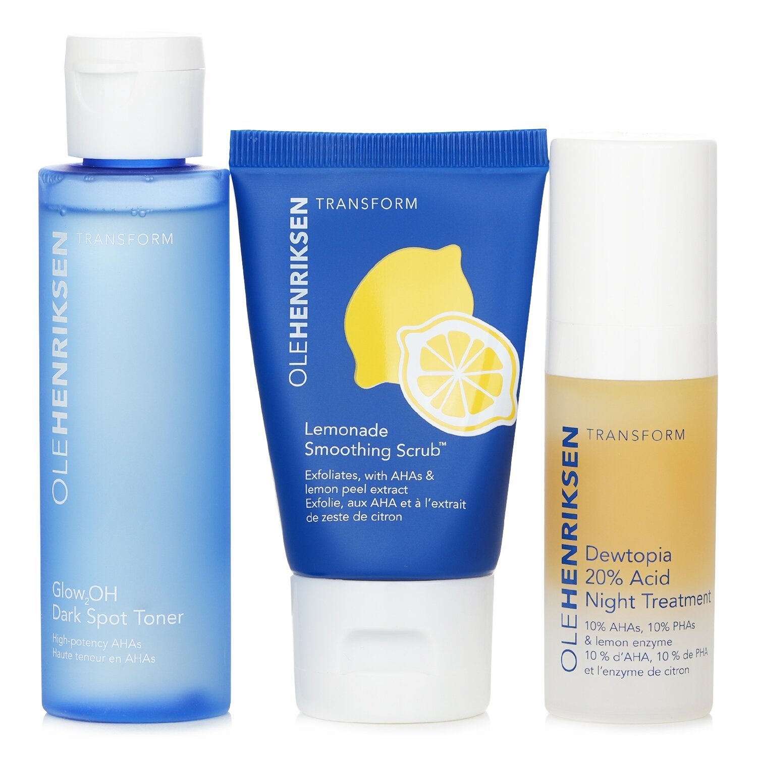 مجموعة Acids Done Bright: منظف فرك ملين بالليموناضة 30 جرام + تونر البقع السوداء Glow2OH 65مل + علاج ليلي بحمض 20% Dewtopia 15مل من Ole Henriksen - صورة 2