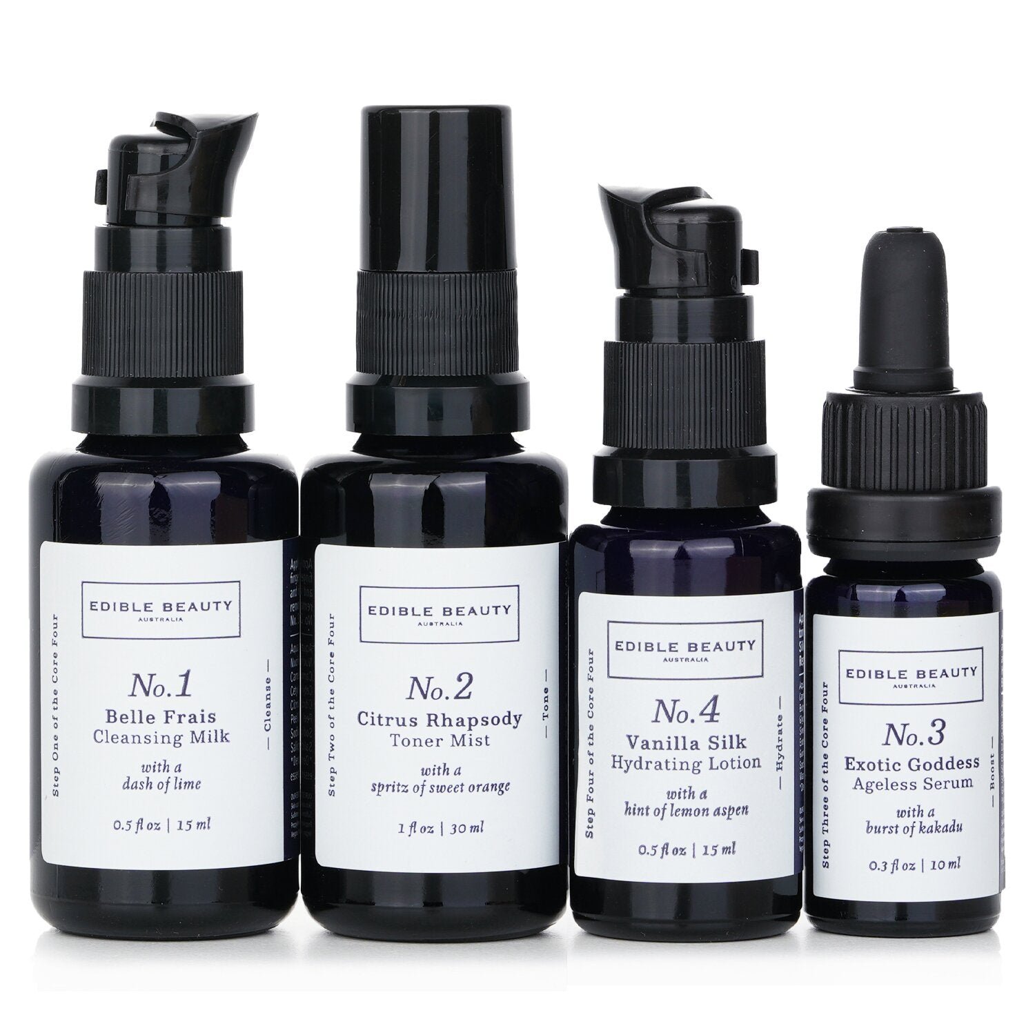 & Edible Beauty On The Fly Travel Mini Kit: Cleansing Milk 15ml+ Toner Mist 30ml+ Ageless Serum 10ml+ Hydrating Lotion 15ml by Edible Beauty - Image 2
