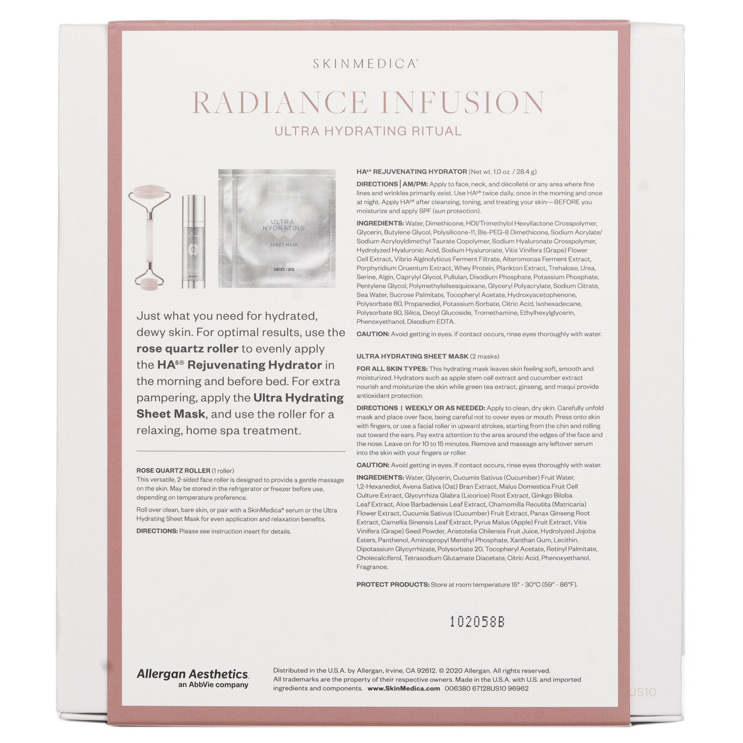 Radiance Infusion Ultra Hydrating Ritual Set: HA Rejuvenating Hydrator 28.4g + Ultra Hydrating Sheet Mask 2pcs + Rose Quartz Roller by Skin Medica - Image 3