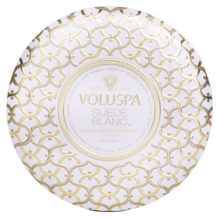 شمع قصدير مزخرف مع 3 فتائل - Suede Blanc 340g/12oz من فولوسبا - صورة 1