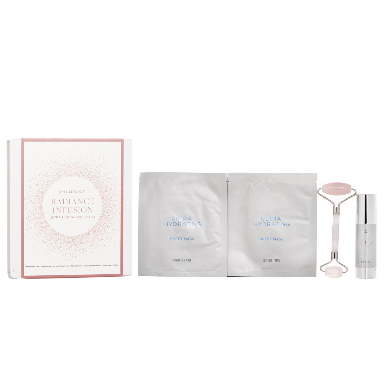 Radiance Infusion Ultra Hydrating Ritual Set: HA Rejuvenating Hydrator 28.4g + Ultra Hydrating Sheet Mask 2pcs + Rose Quartz Roller by Skin Medica - Image 1