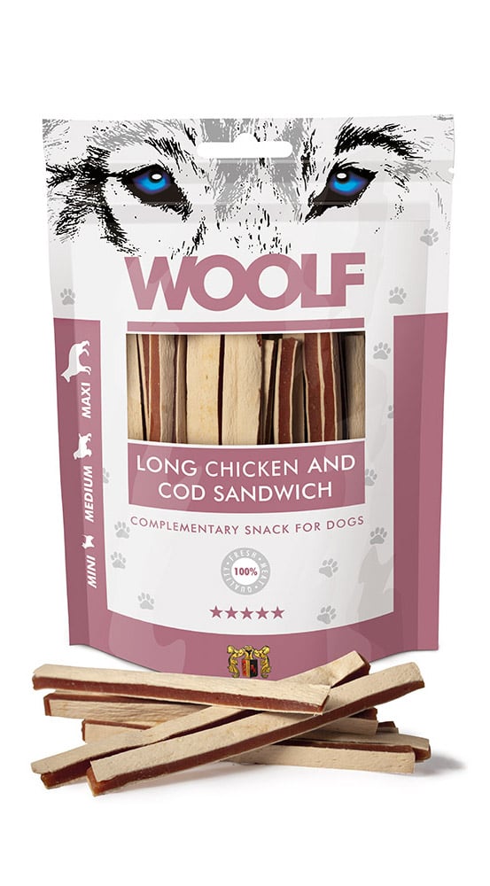 وولف مكافآت ساندويتش دجاج و سمك القد للكلاب 100جم Woolf Long Chicken & Cod Sandwich Treats for Dogs 100gm W12 - Image 1