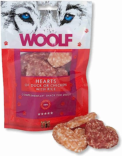 Woolf 100 g – Hearts of Duck or Chicken with Rice وولف مكافات للكلاب على شكل قلب بالدجاج و الارز - Image 1