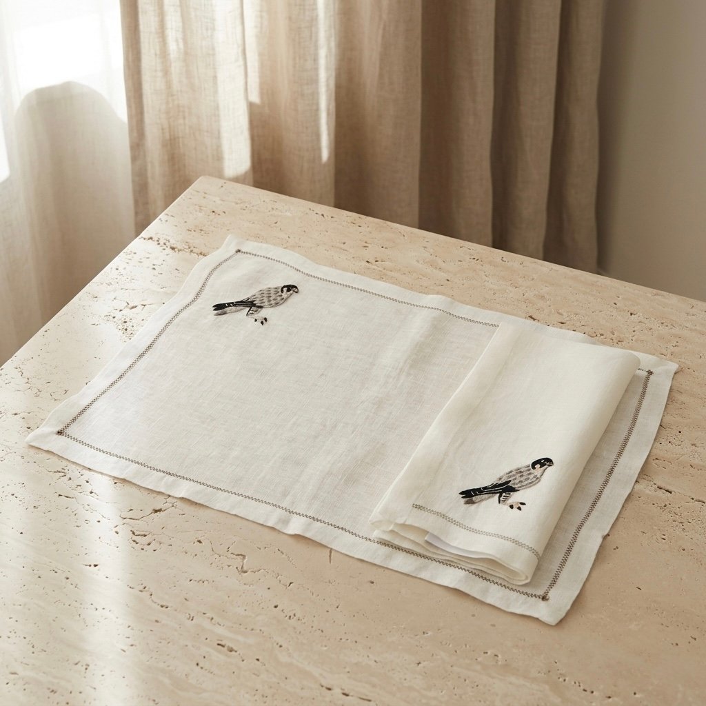 FALCON WHITE NAPKINS HAND-EMBROIDERED   - Image 2
