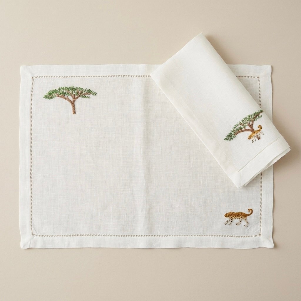 ARABIAN LEOPARD WHITE PLACEMAT HAND-EMBROIDERED - Image 1