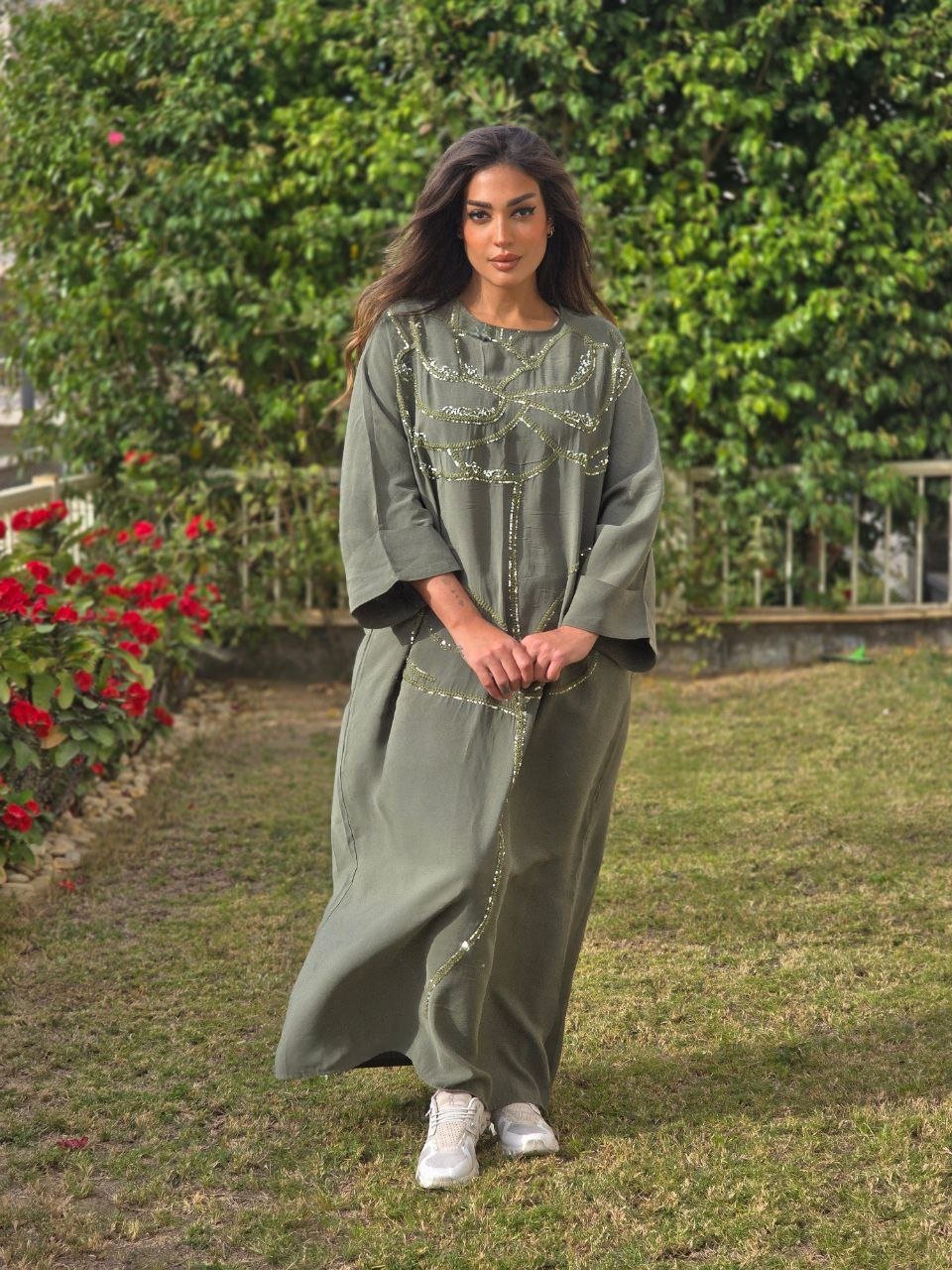 Olive floral embroidered dress - Image 1