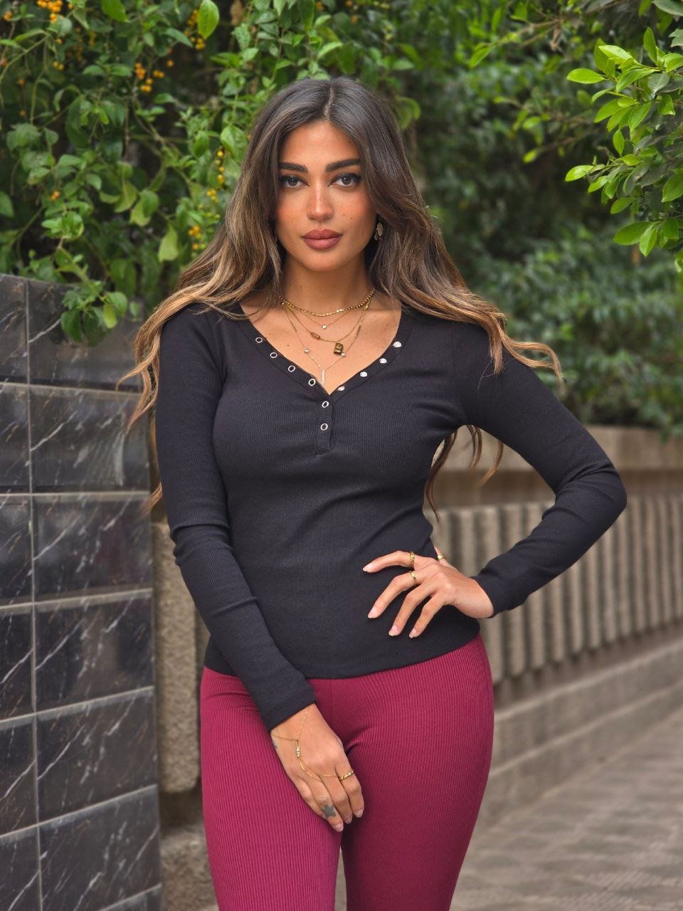 Black Basic Top With Silver Buttons  - Image 2