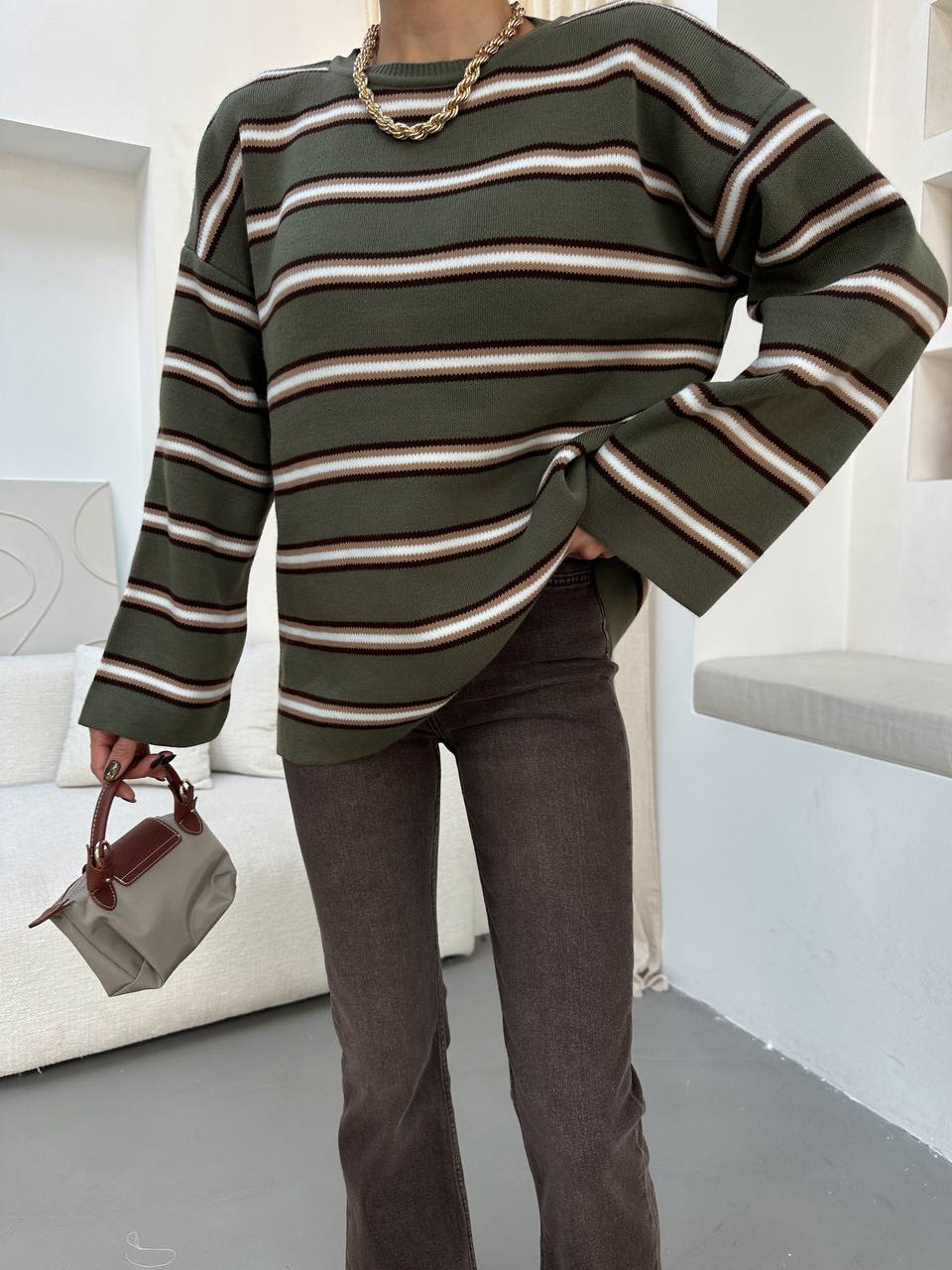 Olive Sweater with Brown Stripes - Image 9