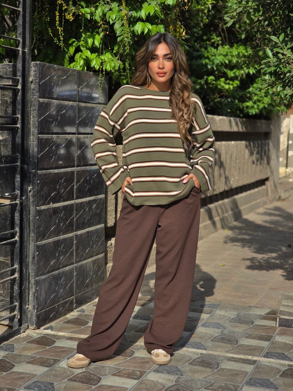 Olive Sweater with Brown Stripes - Image 2
