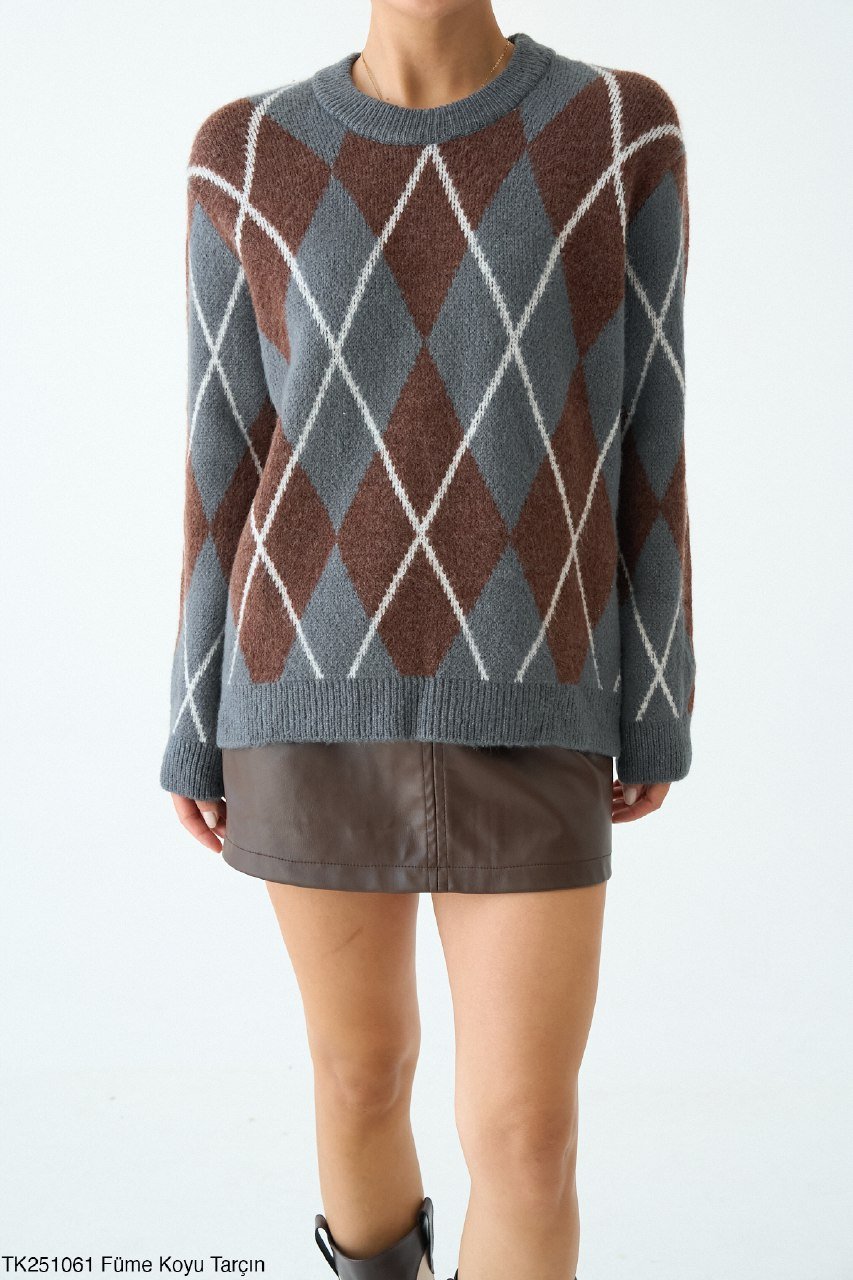 Grey Brown Argyle Pullover  - صورة 3