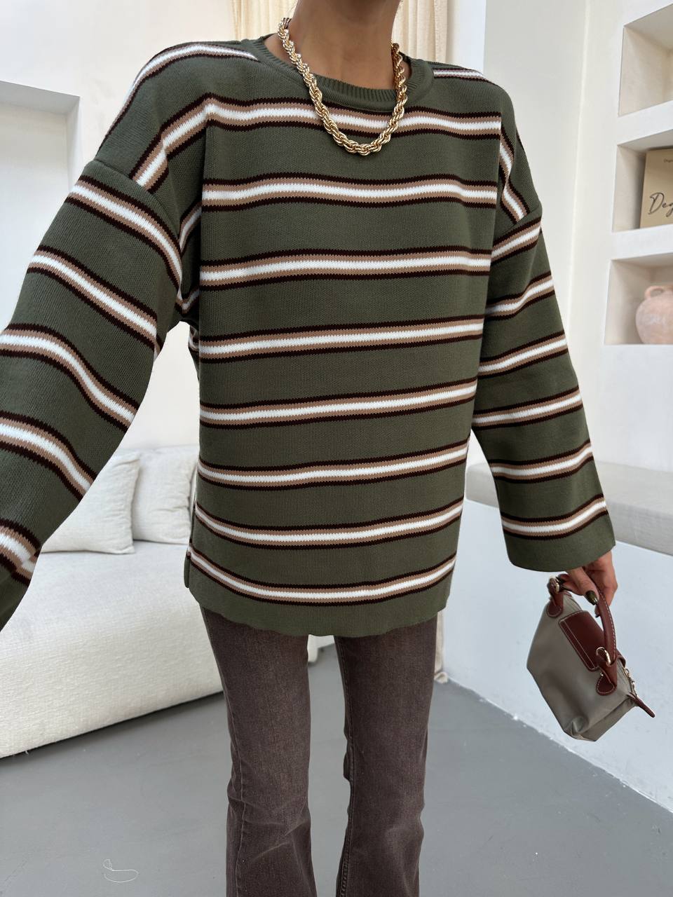 Olive Sweater with Brown Stripes - صورة 6