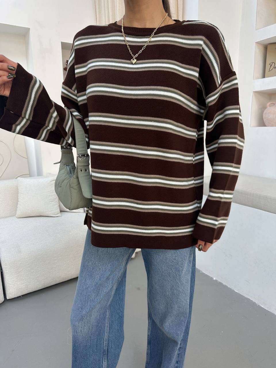 Brown Sweater with Olive Stripes - صورة 5
