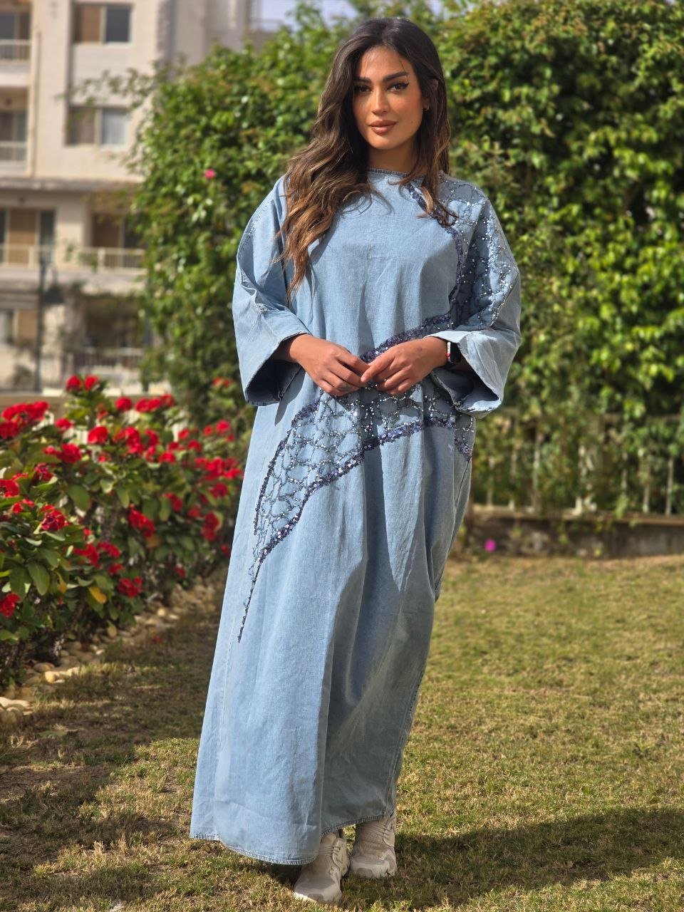 Light blue embroidered denim dress - Image 5