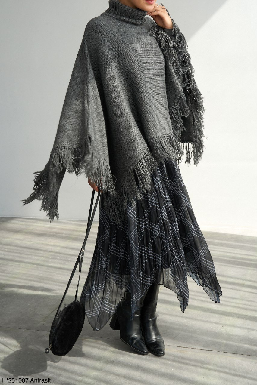 Grey Poncho High Neck With Fringes  - Image 6