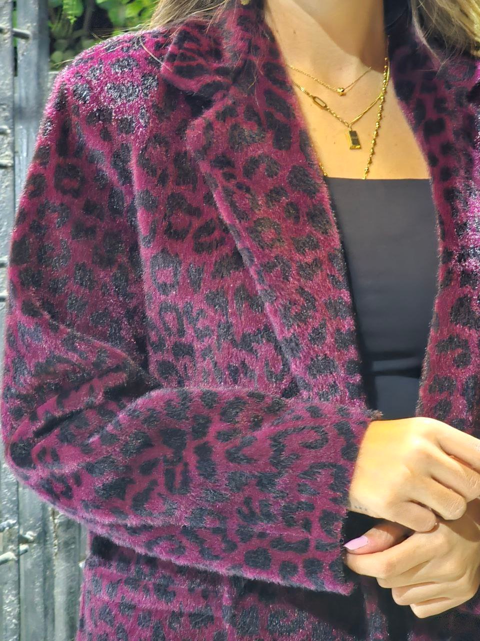 Burgundy and Black Fuzzy Leopard Blazer - Image 2
