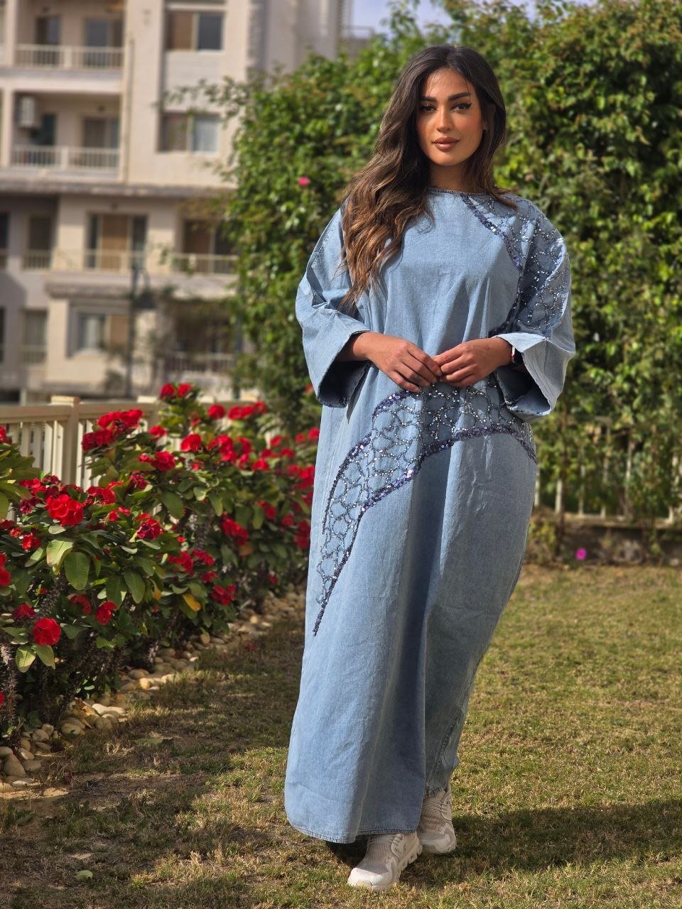 Light blue embroidered denim dress - Image 2