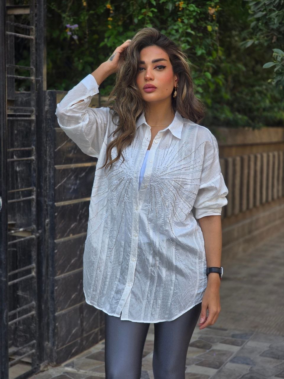 White pearl embroidered linen shirt - Image 3