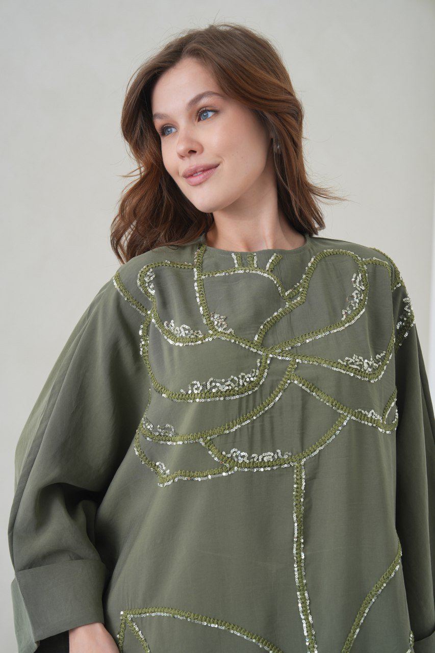 Olive floral embroidered dress - Image 10