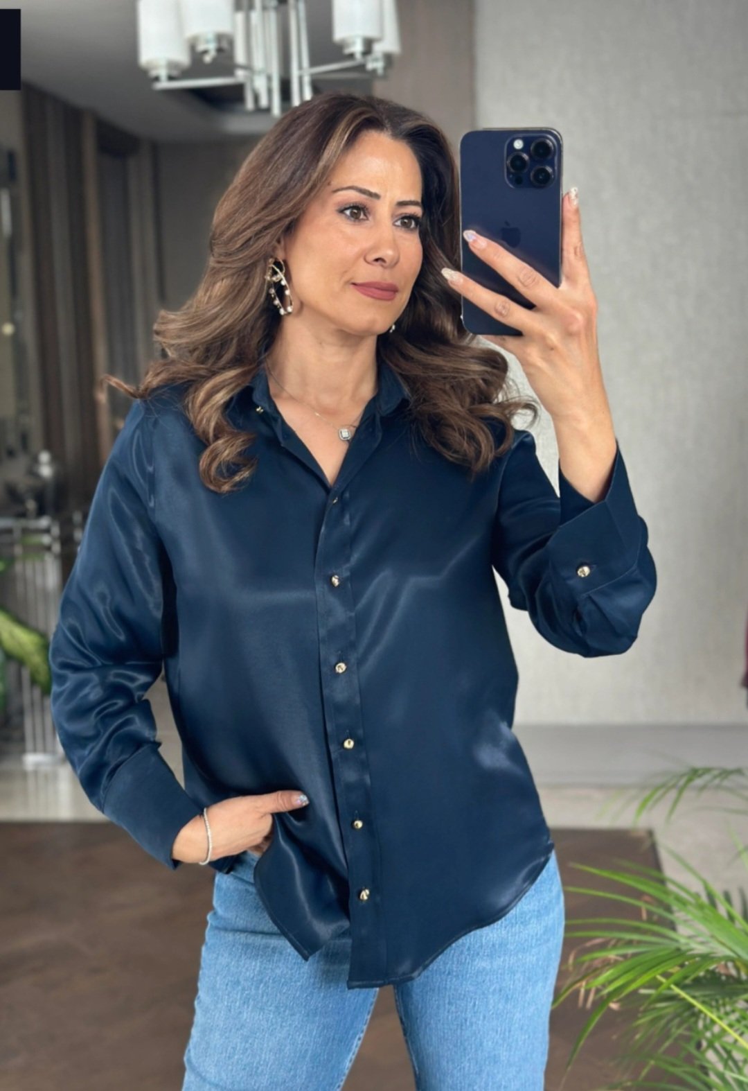 Navy Satin shirt with gold buttons  - Image 4
