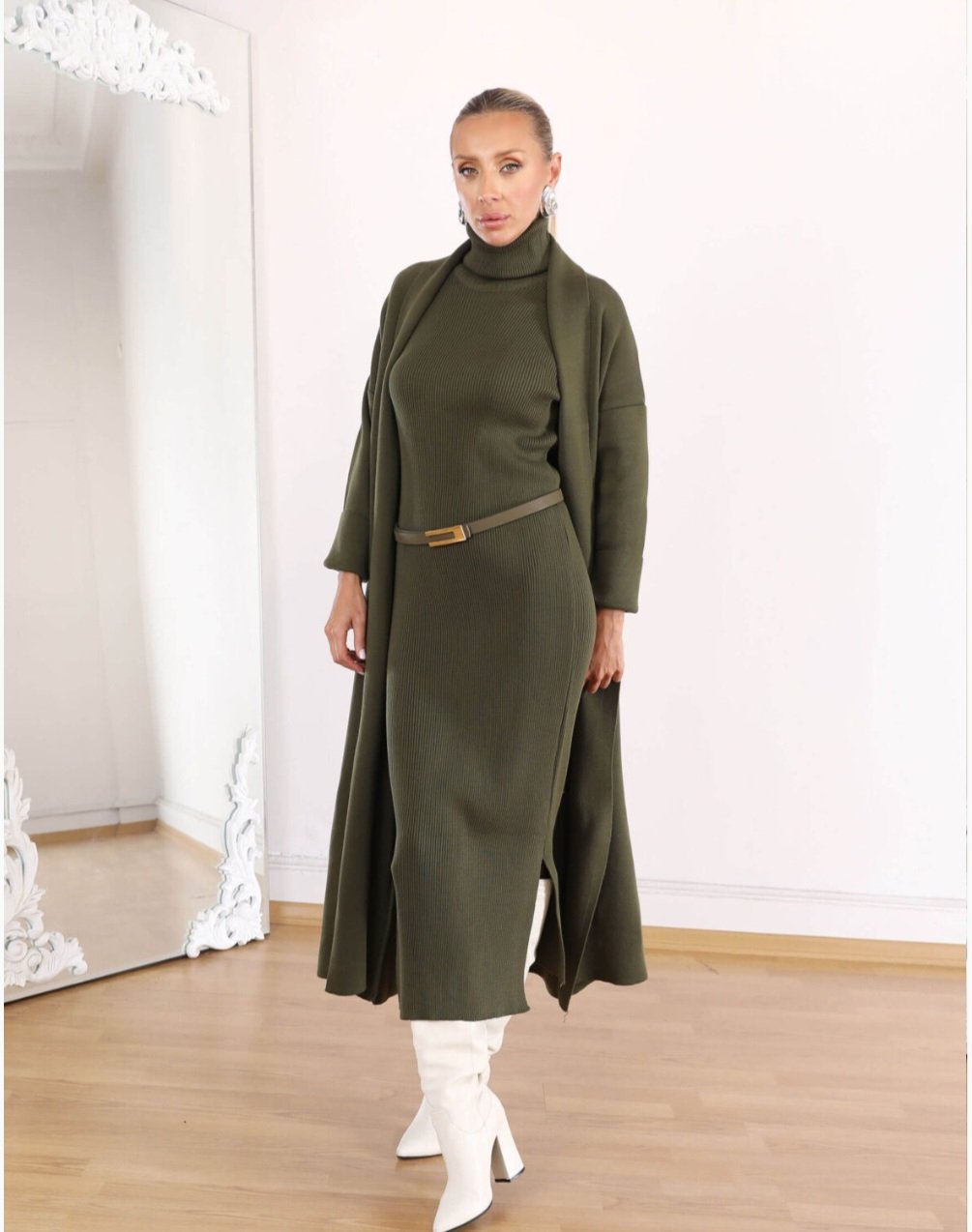 Olive Triko Dress And Cardigan (Set of 2 pieces) - Image 3
