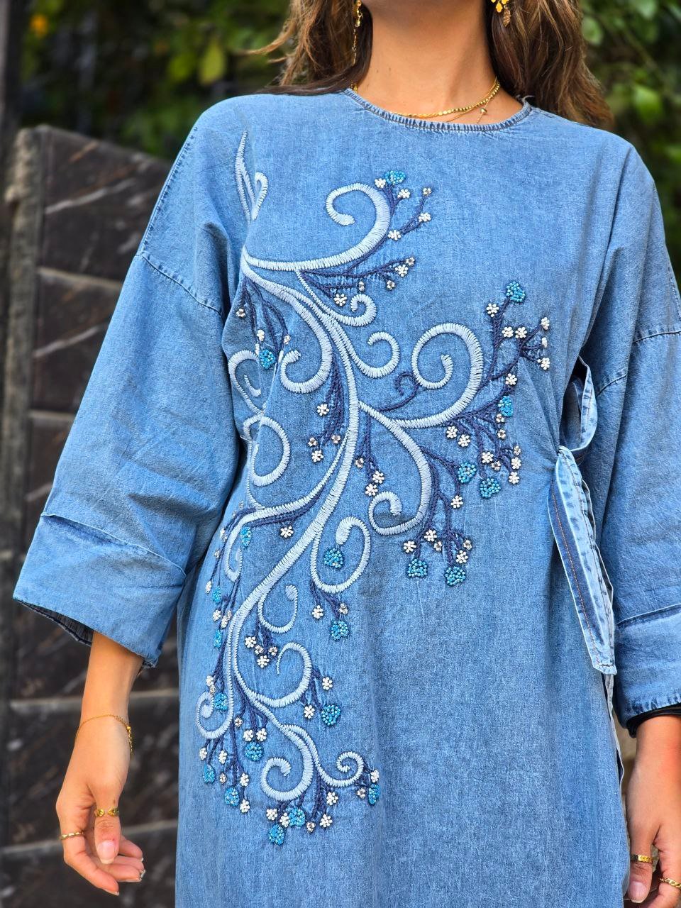 Blue Floral sequin embroidered denim dress with side tie - Image 3
