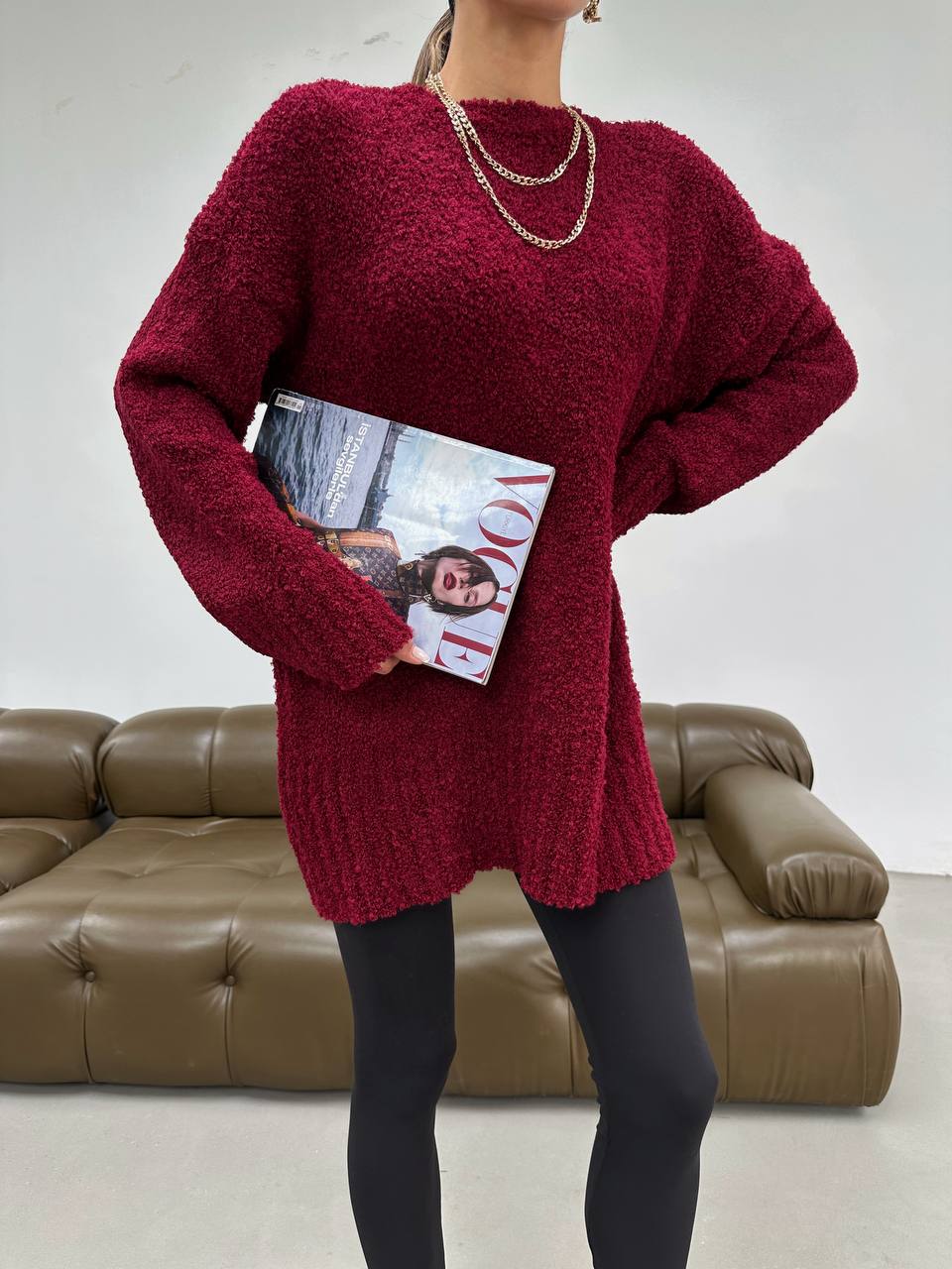 Nubby Textured Oversize Bordo Pullover  - صورة 2