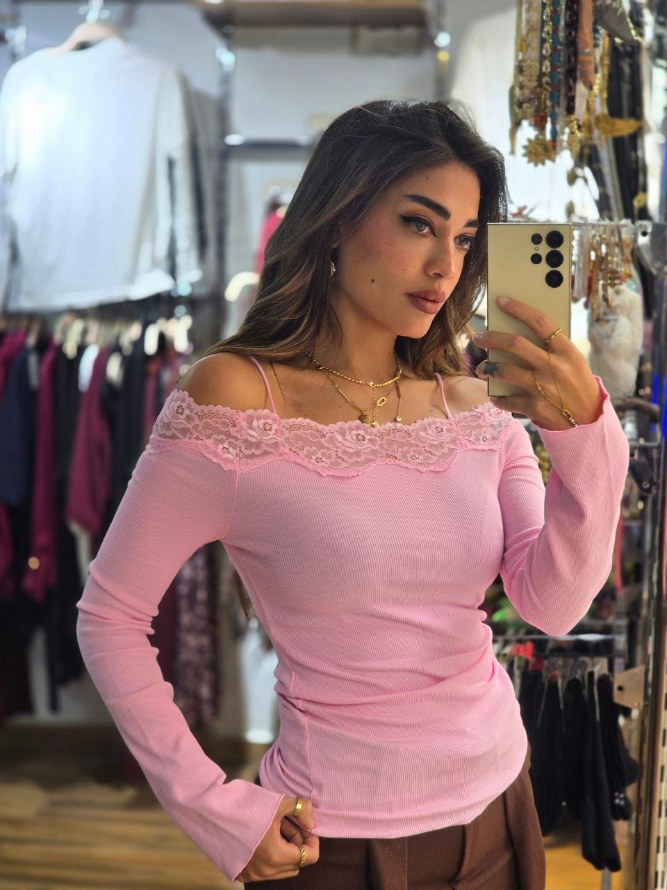 Pink off-shoulder lace top - Image 1