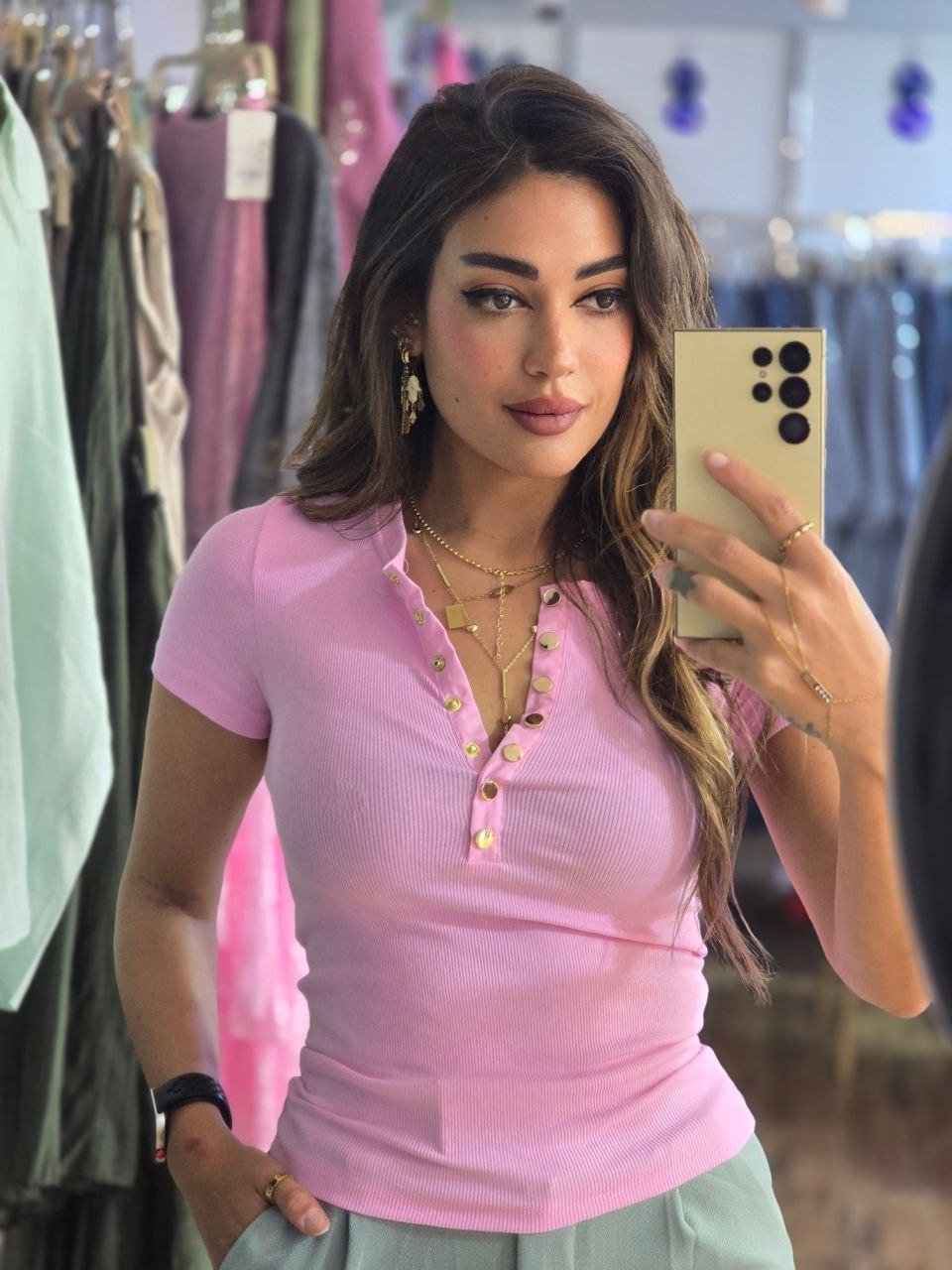 Pink basic Karol top with gold buttons  - Image 1