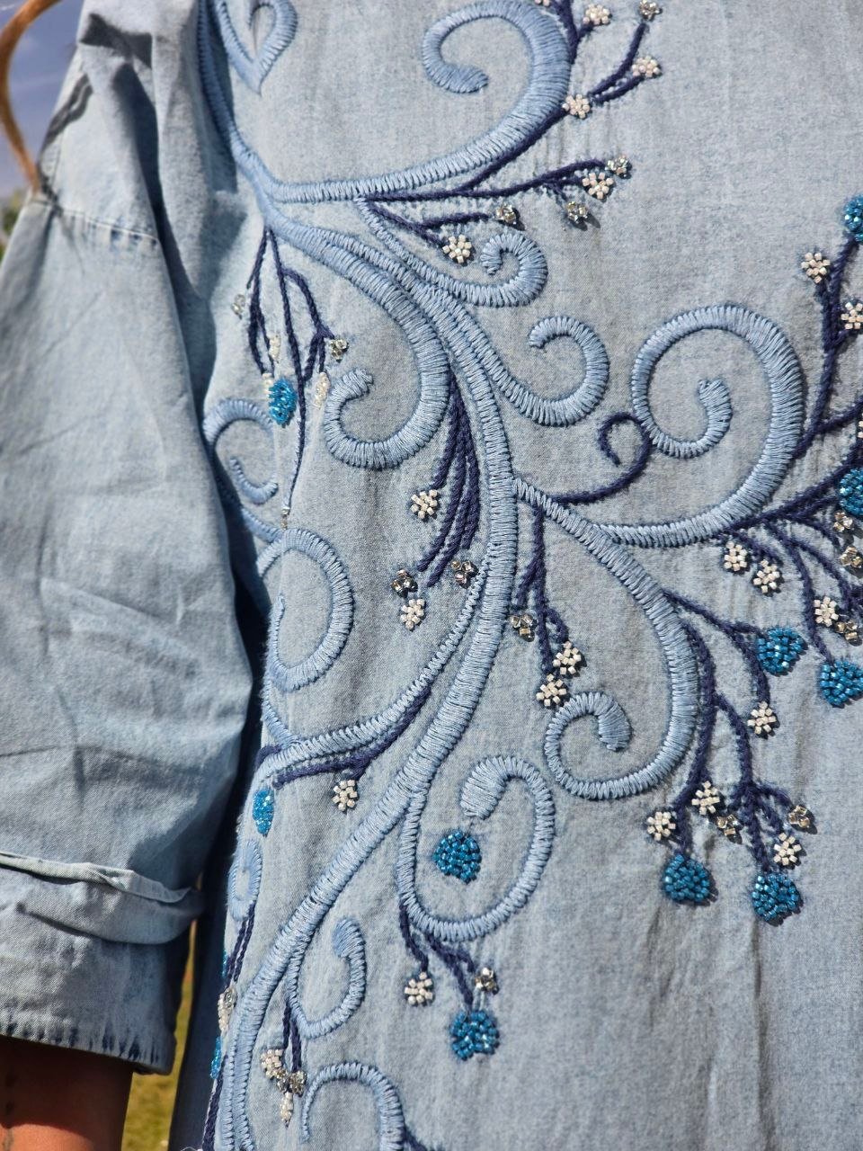 Light blue floral sequin embroidered denim dress with side tie  - Image 2